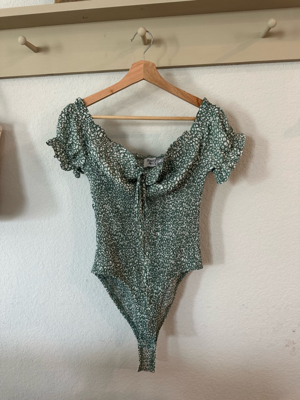 Princess Polly Green Floral Smocked Off-Shoulder Bodysuit